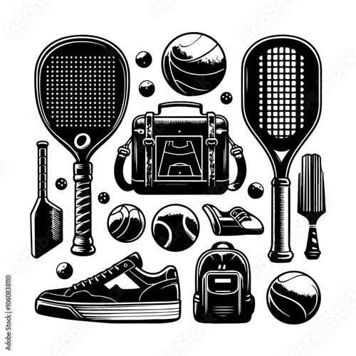 Pickleball equipment set silhouette vector Vintage Pickleball logo badge label vector, pickleball racket, ball on white background