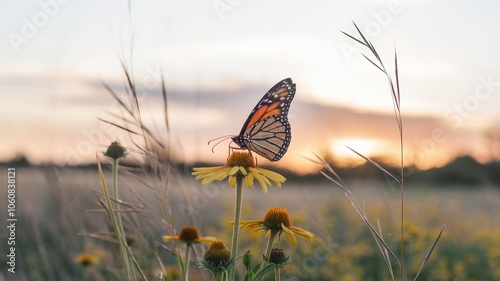 Butterfly Resting on Dandelion in Field at Golden Hour Sunset