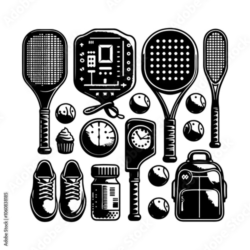 Pickleball equipment set silhouette vector Vintage Pickleball logo badge label vector, pickleball racket, ball on white background