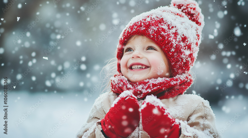 A joyful child playing in the snowy outdoors, wearing a red scarf and hat while embracing the winter wonderland A joyful child playing in the snowy outdoors, wearing a red scarf and hat while embracing the winter wonderland