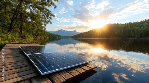 Floating solar panels on serene lake, netzero carbon goals, renewable energy blend with nature photo