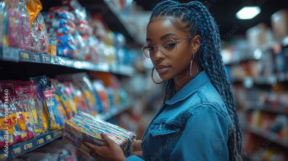 Obraz premium A young woman examines a pack of candy while standing in a bustling grocery store aisle lined with bright snack options