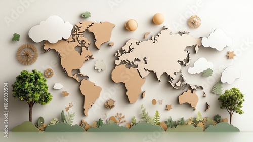 Global map with carbon emission paths and reduction icons, illustrating netzero goals worldwide photo