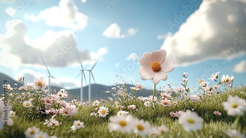 Landscape with wildflowers under wind turbines, zerocarbon countryside, renewable energy harmony photo