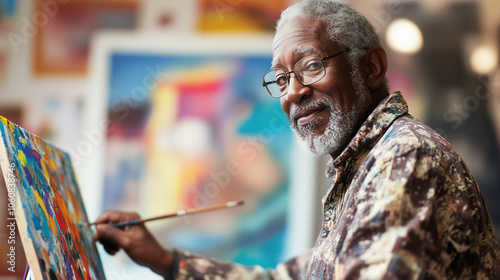 Elderly Black man participates in a creative painting class enjoying self-expression and creativity at a community art studio