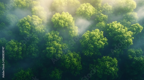 Bird’s-eye shot of a foggy forest canopy at dawn, dense mist rolling over treetops, sunlight creating a warm glow on the fog, ethereal and peaceful scene, vibrant greens contrasting with misty whites,