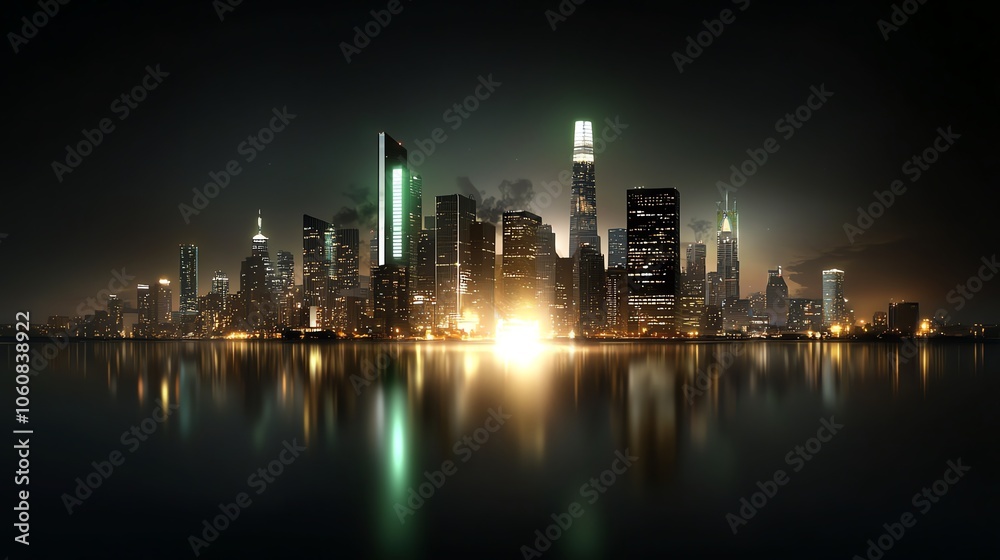 Minimalist city skyline glowing with green light, symbolizing zero emissions, urban ecofuturism Minimalist city skyline glowing with green light, symbolizing zero emissions, urban ecofuturism
