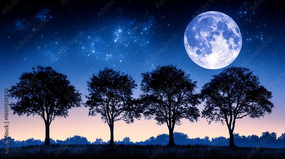 Serene Moonlit Night with Stars and Trees Serene Moonlit Night with Stars and Trees