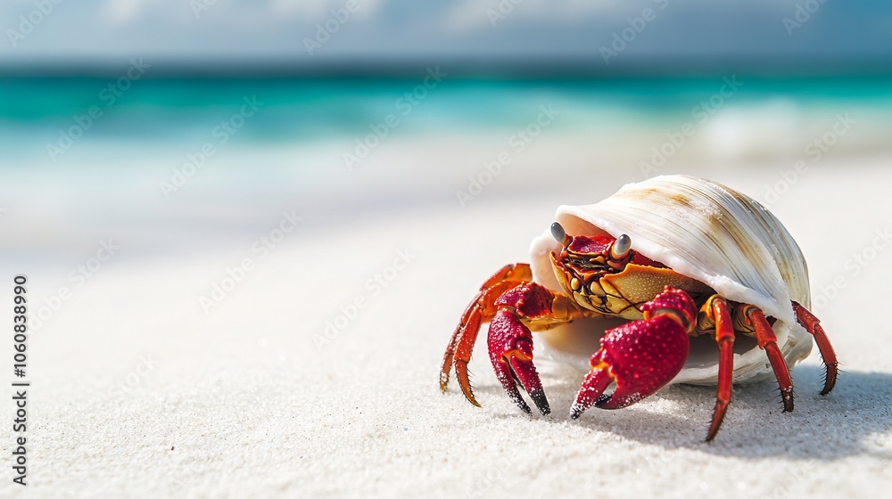 Close-Up of a Hermit Crab Crawling on White Sand Beach. AI generated illustration.