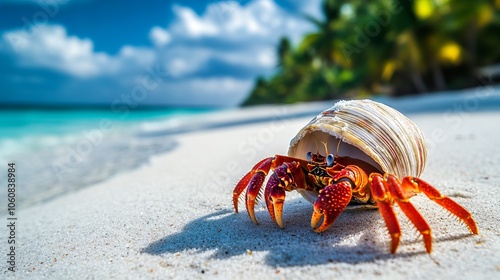 Close-Up of a Hermit Crab Crawling on White Sand Beach. AI generated illustration.