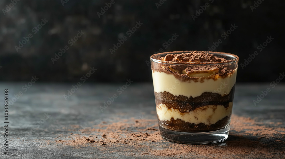 Delicious refined tiramisu served in a glass with cocoa dusting on a rustic table Delicious refined tiramisu served in a glass with cocoa dusting on a rustic table
