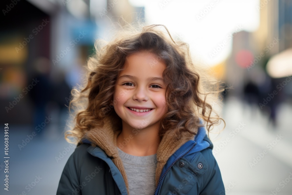 Portrait of a cute little girl with curly hair in the city