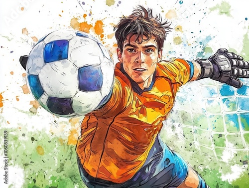 Soccer goalie making a dramatic save, outstretched hands, watercolor style