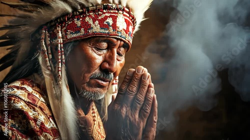 An Indigenous man wearing a traditional headdress prays in a smoky environment
