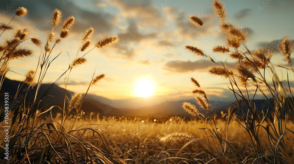 Fototapeta premium Sunset landscape with solar and wind power sources, calm nature, zerocarbon future vision