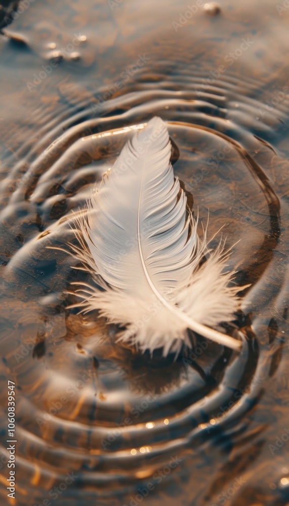 Delicate Feather Floating in Rippling Water for Serene Nature Design Delicate Feather Floating in Rippling Water for Serene Nature Design