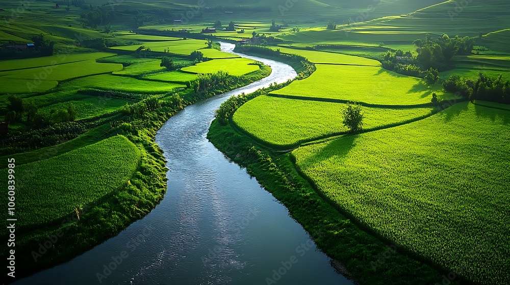 Bird’s-eye view of a tranquil river running through rich green fields, lush crops bordering the water, gentle light illuminating textures, vibrant rural landscape, inviting and serene atmosphere,