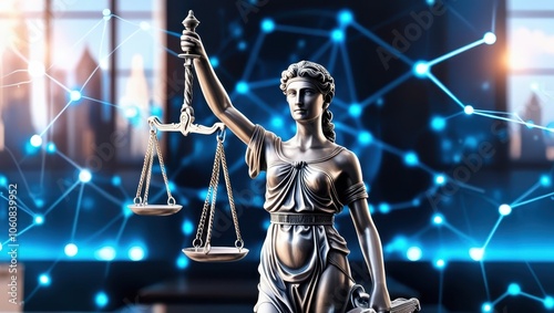 Lady Justice statue, digital art, holographic background, scales of justice, cyberpunk courtroom, blue lighting, futuristic legal concept, high-tech law enforcement, artificial intelligence jurisprude