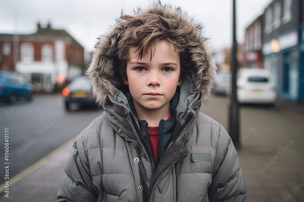 A portrait of a boy wearing a winter jacket on the street. A portrait of a boy wearing a winter jacket on the street.