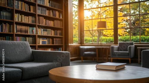 Quiet bar with warm yellow lighting, vintage couches, library vibe, Intellectual bar setting