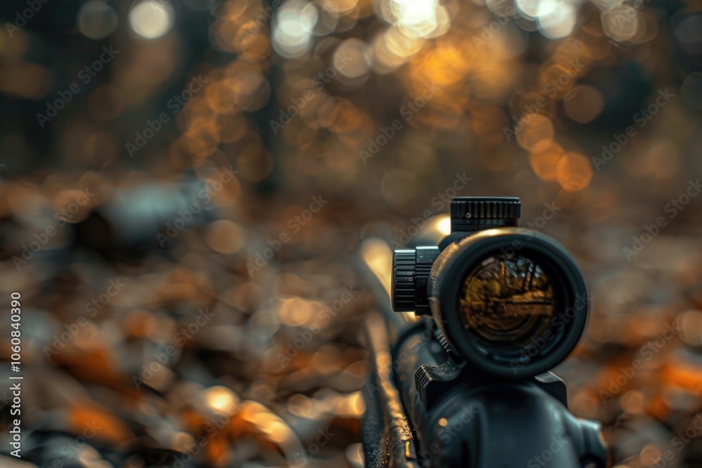 Close-up shot of a rifle scope lens with a blurred background