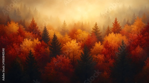 Bird’s-eye view of an expansive autumn forest, fiery reds, golden yellows, and deep oranges blending together, soft sunlight illuminating the canopy, intricate textures of fall foliage,