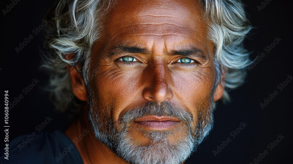 The mature man displays a contemplative expression with silver hair and blue eyes, highlighting his distinguished features and life experiences The mature man displays a contemplative expression with silver hair and blue eyes, highlighting his distinguished features and life experiences