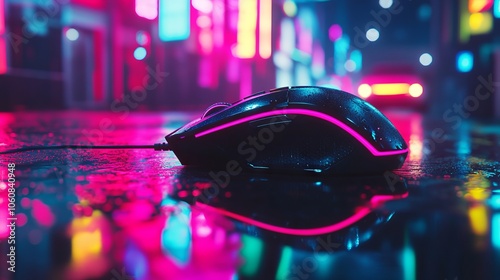 Gaming Mouse with Neon Lights in the Background. AI generated illustration