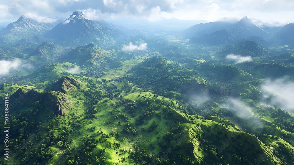 Bird’s-eye view of expansive lush green hills with dense forest cover, peaks and valleys bathed in soft daylight, misty areas adding depth, rich textures and vibrant colors, Bird’s-eye view of expansive lush green hills with dense forest cover, peaks and valleys bathed in soft daylight, misty areas adding depth, rich textures and vibrant colors,