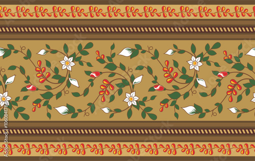 Vector seamless floral ethnic frieze. Spring-theme floral ornamental motif with flowers, leaves and daffodils in Eastern, Arabic, Indian style. Retro wedding background, page decor, textile pattern.