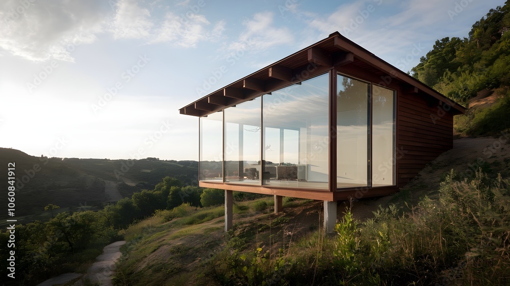 Boxy wooden and glass home with path to house in natural landscape