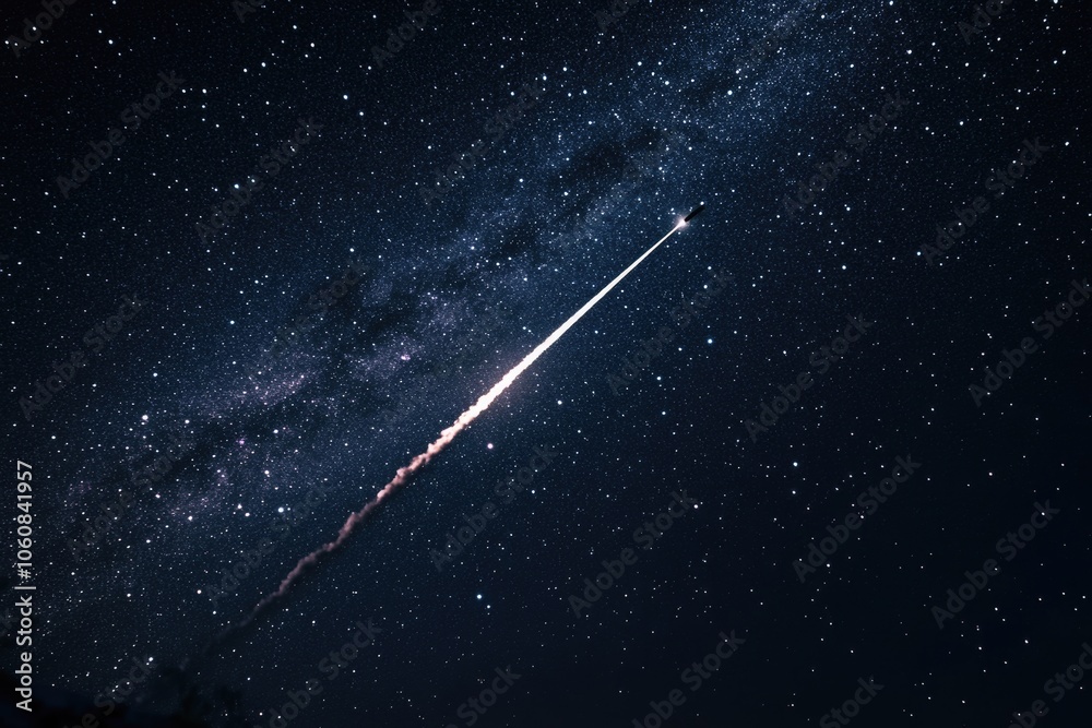 A shooting star streaks across the dark blue night sky, captured through a long exposure A shooting star streaks across the dark blue night sky, captured through a long exposure
