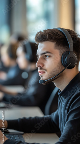 Focused call center operator provides top-notch customer service in a busy office, using technology and effective communication