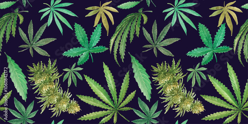 Watercolor vector illustration ganja, cannabis sativa, marijuana, seamless patterns