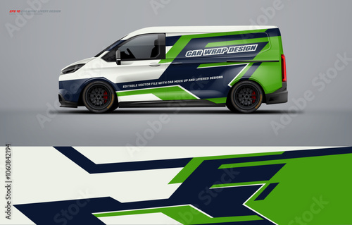 van wrap design for universal medium van, with a touch of Abstract simple racing Graphics in green, black and white with background. Vector eps print ready printable file.
