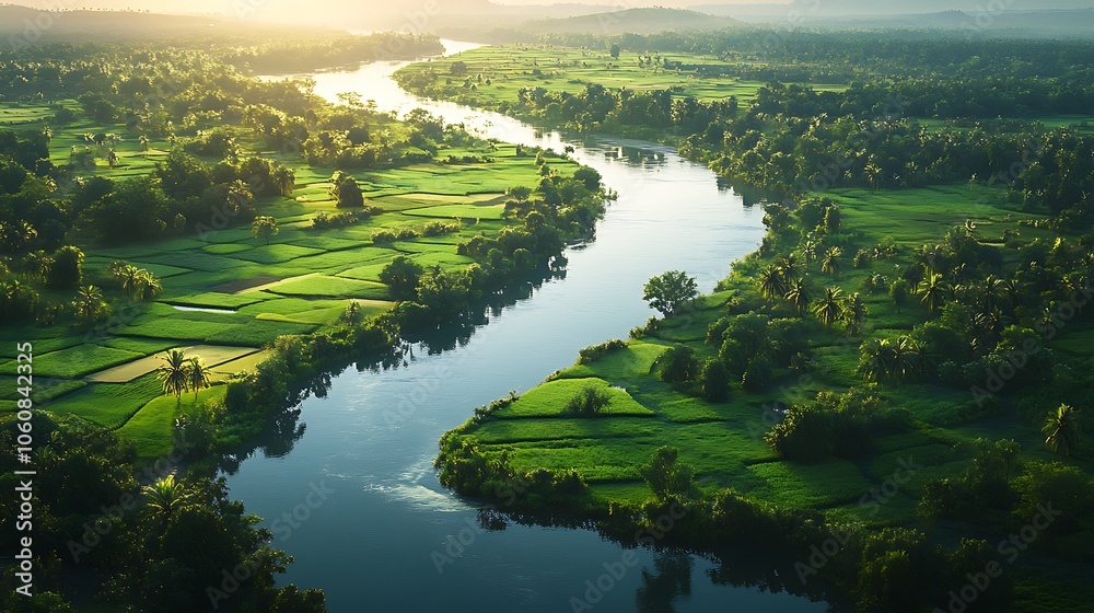 Bird’s-eye view of lush fields stretching alongside a calm river, crops and grasslands adding vibrant color, water reflecting sunlight, trees dotting the landscape, serene and peaceful rural scene,