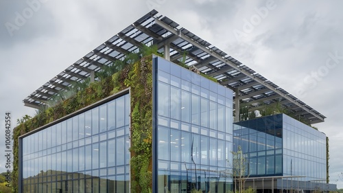 Minimalist office building with green walls and solar panels against cloudy sky