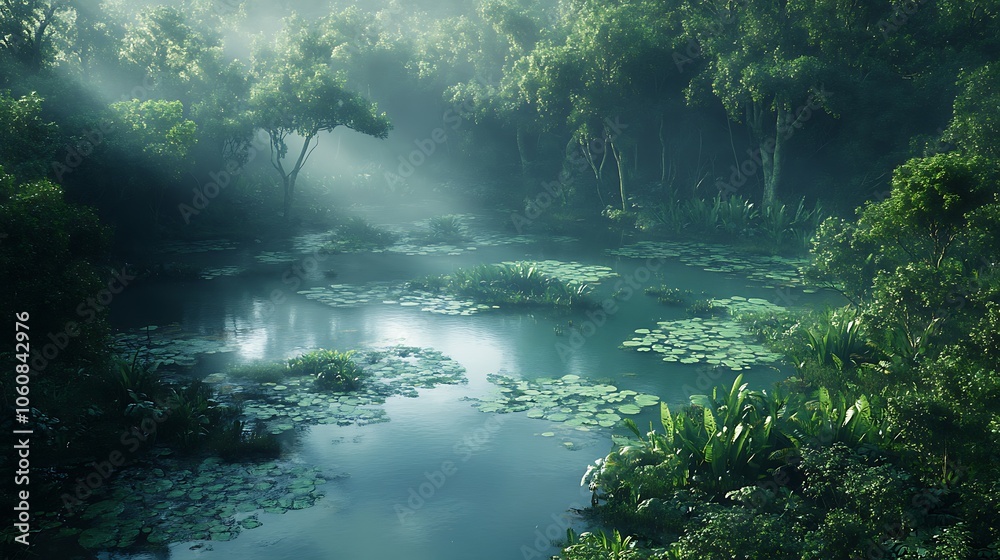 Obraz premium Bird’s-eye view of wetlands within a dense forest, clear pools of water nestled between tall trees, lush green vegetation surrounding each pond, soft light filtering through the canopy,