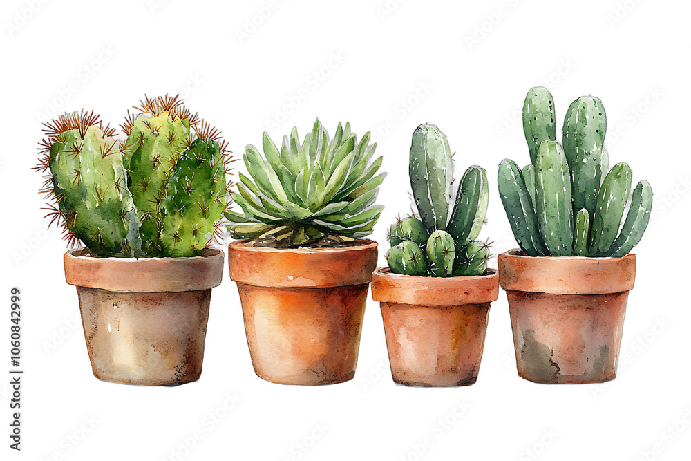 Watercolor illustration of a row of cacti in terracotta pots