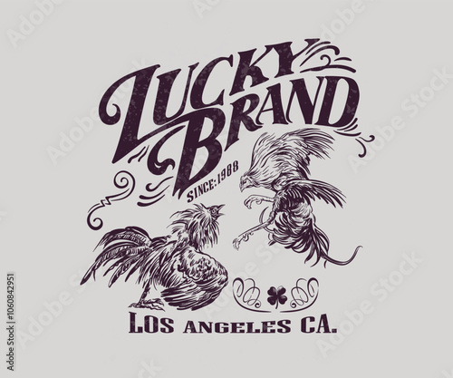 Lucky Brand vintage typography design, tow cock fighting vector art, Rooster fighting action illustration for t shirt, poster, screen print, embroidery 