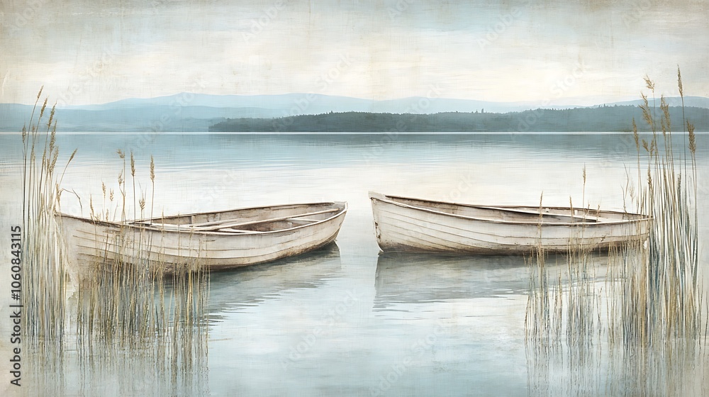 Serene Lakeside Scene with Rowboats and Reeds Serene Lakeside Scene with Rowboats and Reeds