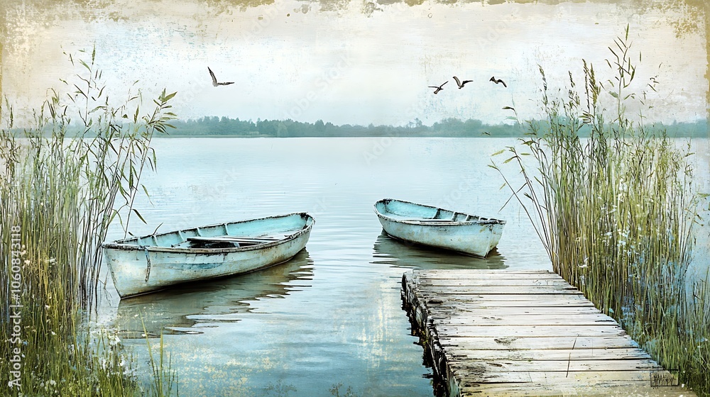 Serene Lakeside with Rowboats and Reeds Serene Lakeside with Rowboats and Reeds