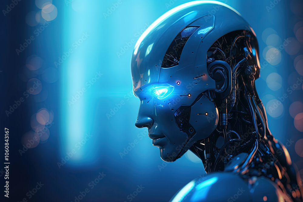 Android or cybernetic human with neon blue eyes. Sci-fi concept of futuristic cyberpunk robot Android or cybernetic human with neon blue eyes. Sci-fi concept of futuristic cyberpunk robot