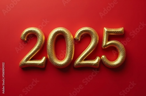 Gold numbers 2025 in the form of a snake on a red background