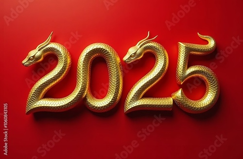 Gold numbers 2025 in the form of a snake on a red background