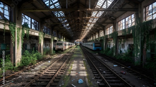 Overgrown abandoned train station with broken windows and trash on the floor