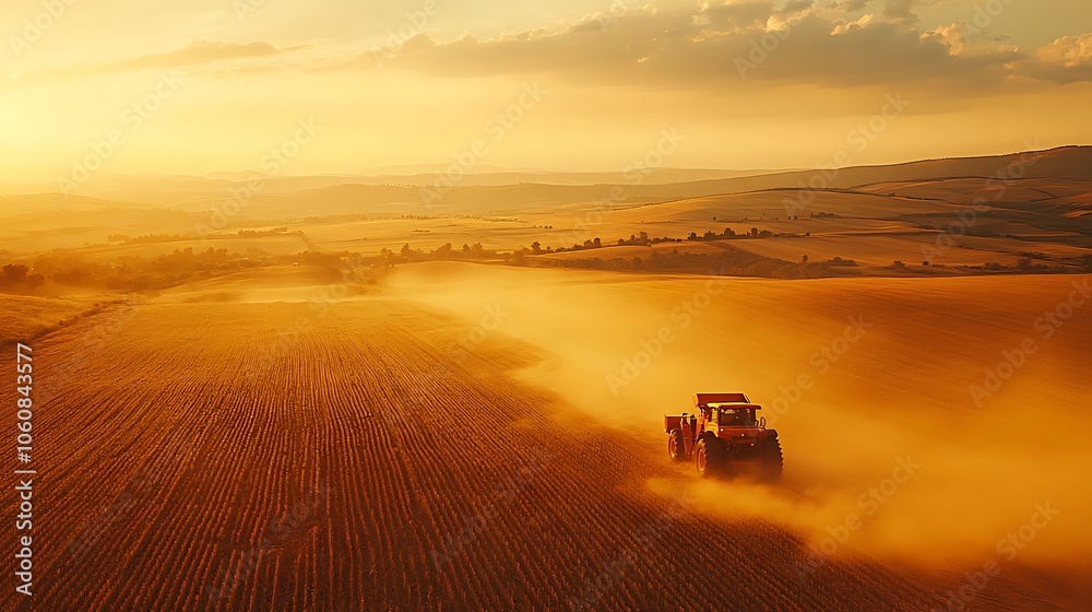 High-angle shot of a vast farmland in harvest season, tractors and harvesters leaving textured lines in the fields, golden crops and rich brown earth, sunlight illuminating dust clouds, High-angle shot of a vast farmland in harvest season, tractors and harvesters leaving textured lines in the fields, golden crops and rich brown earth, sunlight illuminating dust clouds,