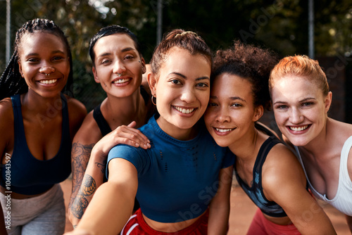 Basketball, match and outdoor selfie with people, fitness and group diversity for competition. Team, women and court break for memory at practice, photography and athletes for tournament at club