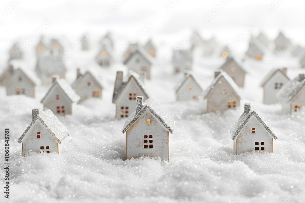 A group of cozy wooden houses surrounded by snow, perfect for winter scenes or holiday decorations A group of cozy wooden houses surrounded by snow, perfect for winter scenes or holiday decorations