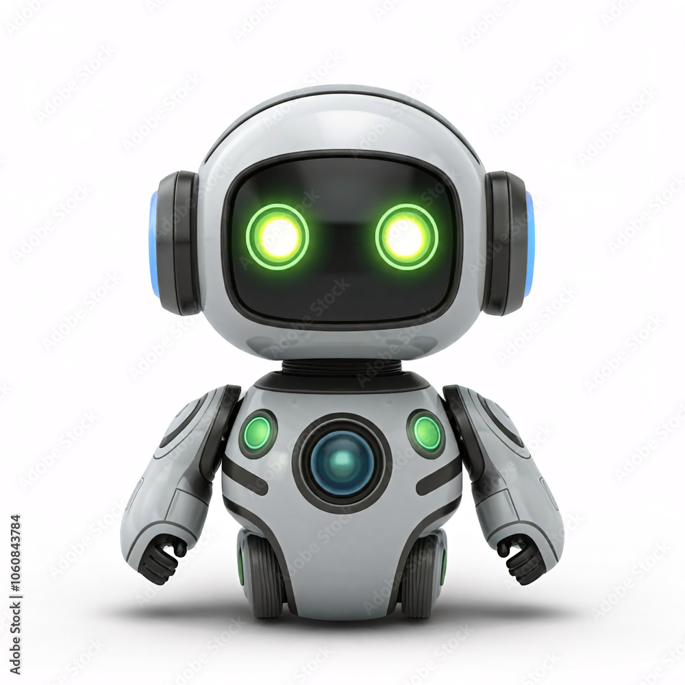 cute white robot toy with green eyes on white background cute white robot toy with green eyes on white background
